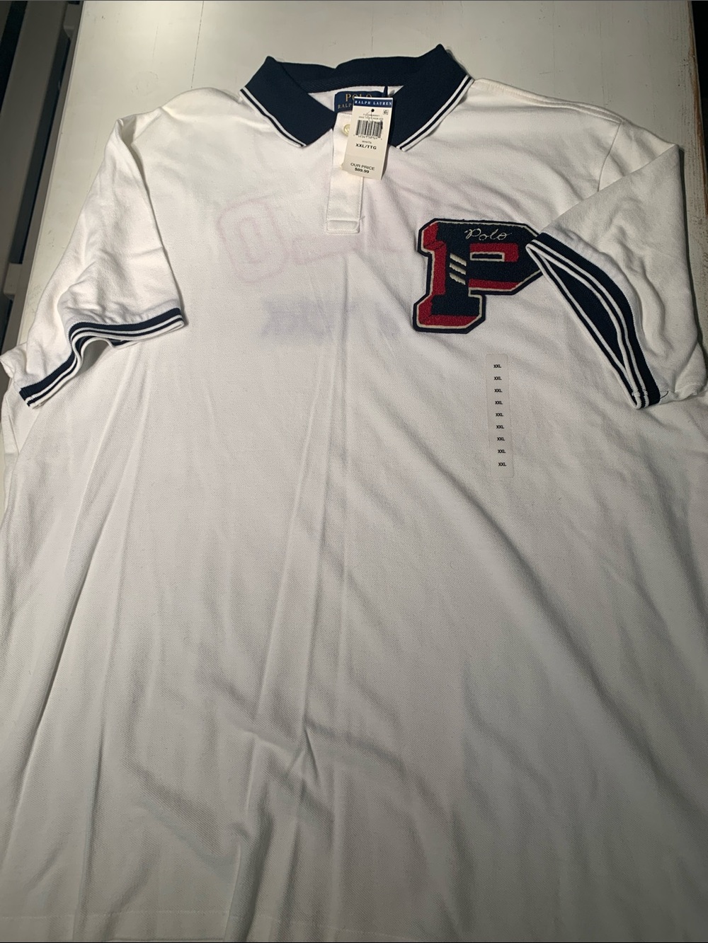 Polo by Ralph Lauren White Polo with Navy Collar and Red 'P' Patch